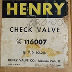Henry Brass Check Valve 7/8 In Solder Connection 116007 Water. Fixed Price $150.00.