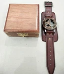 Sun Dial Leather Watch Brass Compass Antique Gold Lustre Wooden Box. Fixed Price $81.77.